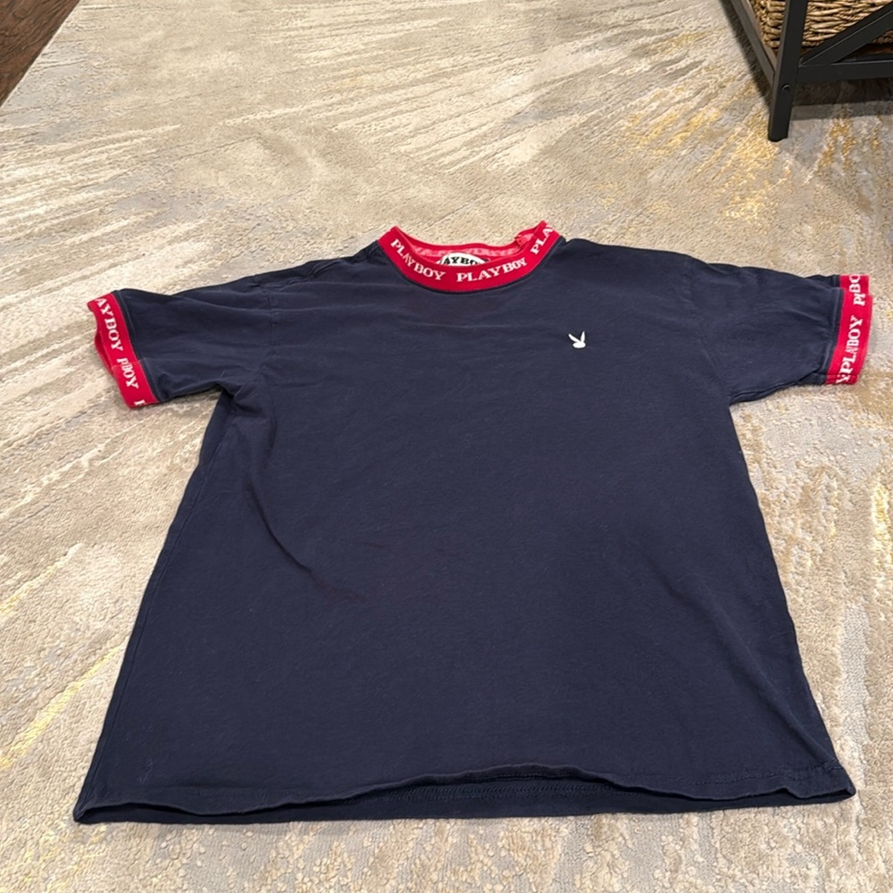 Vintage Men's Playboy Crew Neck Spell out Logo Graphic Mens Small Blue with red